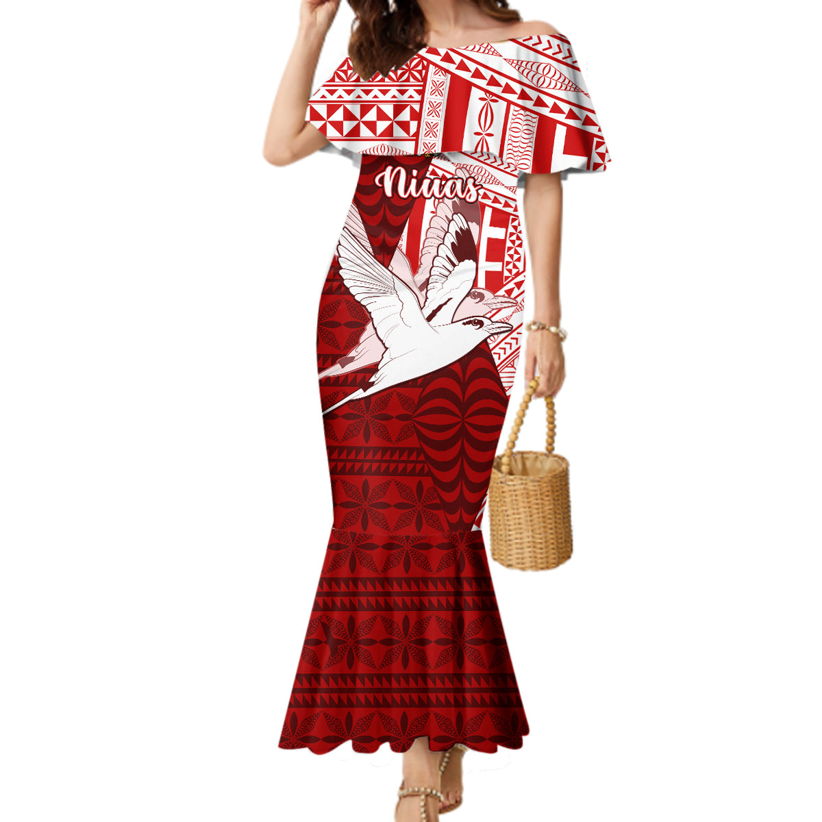 Personalized Tonga Niuas Mermaid Dress White Tailed Tropicbird With Ngatu Pattern LT05 Women Red - Polynesian Pride