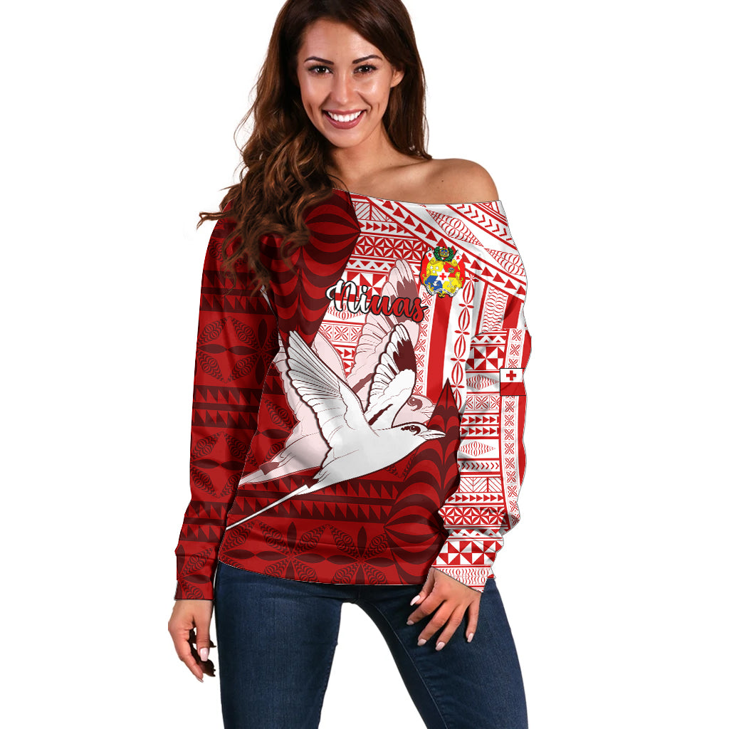 Personalized Tonga Niuas Off Shoulder Sweater White Tailed Tropicbird With Ngatu Pattern LT05 Women Red - Polynesian Pride