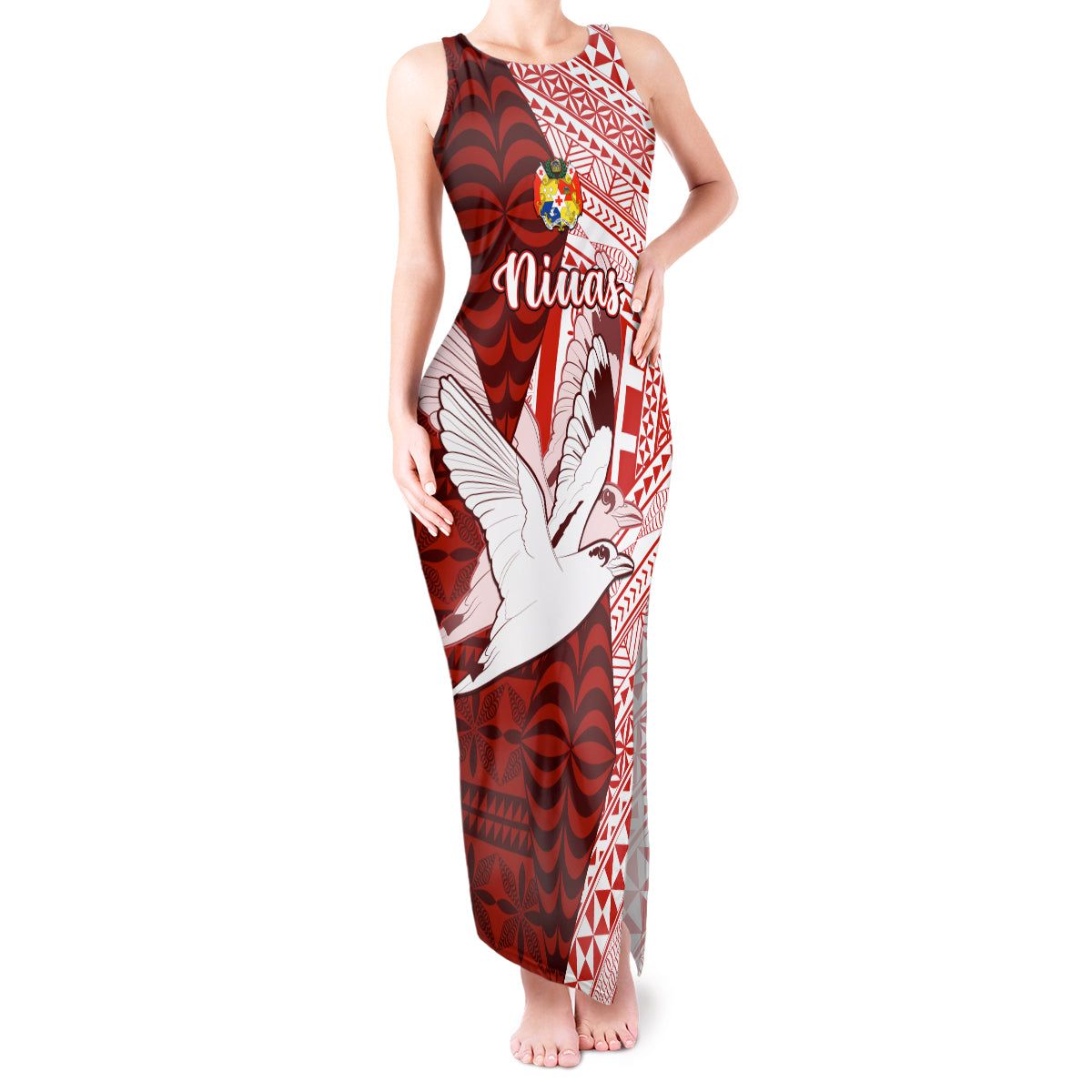 Personalized Tonga Niuas Tank Maxi Dress White Tailed Tropicbird With Ngatu Pattern LT05 Women Red - Polynesian Pride