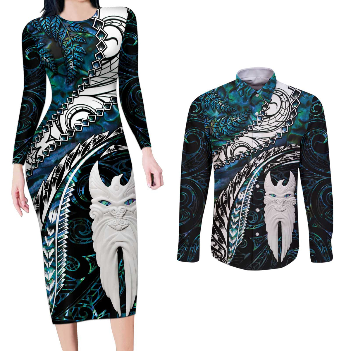 New Zealand Aotearoa Couples Matching Long Sleeve Bodycon Dress and Long Sleeve Button Shirt Maori Hei Rehua Paua Shell Glitter Green LT05 Green - Polynesian Pride