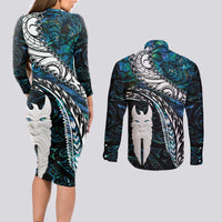 New Zealand Aotearoa Couples Matching Long Sleeve Bodycon Dress and Long Sleeve Button Shirt Maori Hei Rehua Paua Shell Glitter Green LT05 - Polynesian Pride