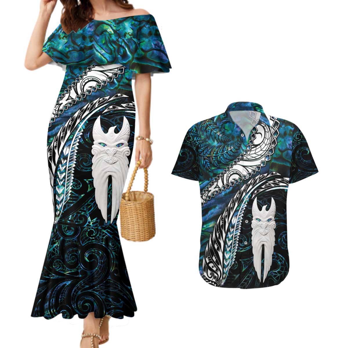 New Zealand Aotearoa Couples Matching Mermaid Dress and Hawaiian Shirt Maori Hei Rehua Paua Shell Glitter Green LT05 Green - Polynesian Pride