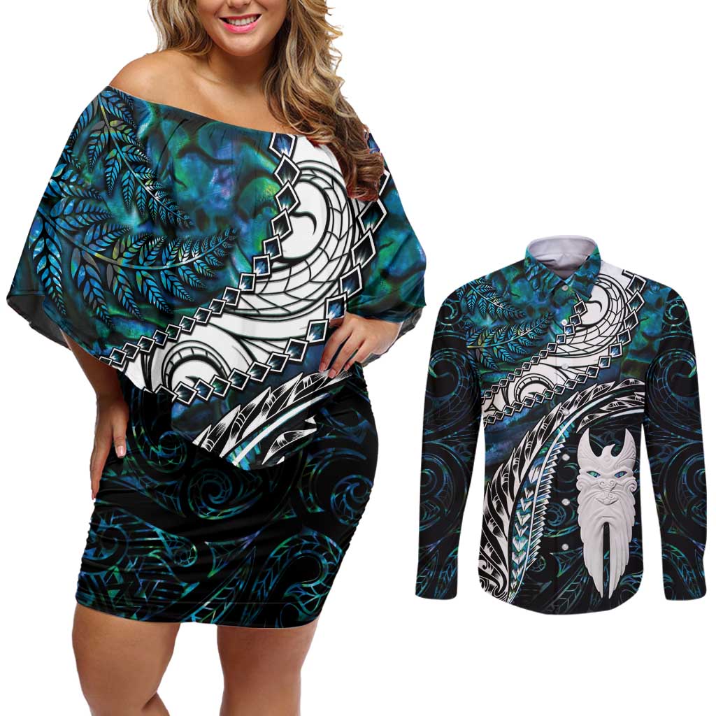 New Zealand Aotearoa Couples Matching Off Shoulder Short Dress and Long Sleeve Button Shirt Maori Hei Rehua Paua Shell Glitter Green LT05 Green - Polynesian Pride