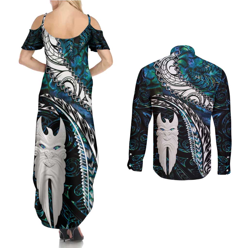 New Zealand Aotearoa Couples Matching Summer Maxi Dress and Long Sleeve Button Shirt Maori Hei Rehua Paua Shell Glitter Green LT05 - Polynesian Pride