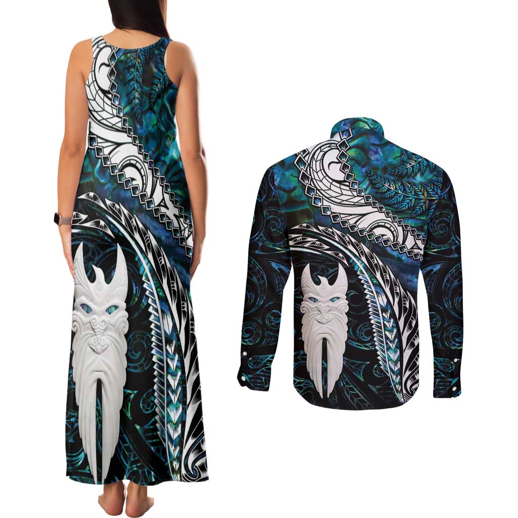 New Zealand Aotearoa Couples Matching Tank Maxi Dress and Long Sleeve Button Shirt Maori Hei Rehua Paua Shell Glitter Green LT05 - Polynesian Pride