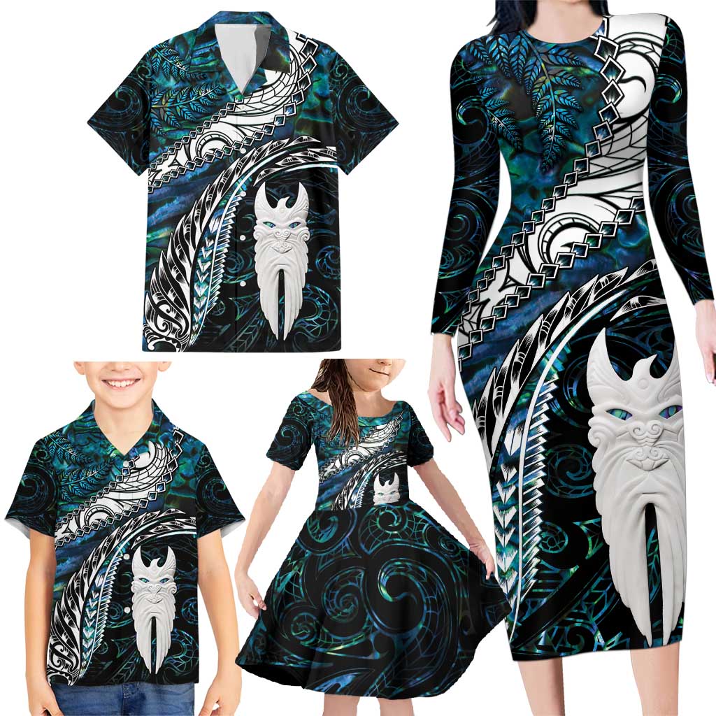 New Zealand Aotearoa Family Matching Long Sleeve Bodycon Dress and Hawaiian Shirt Maori Hei Rehua Paua Shell Glitter Green LT05 - Polynesian Pride