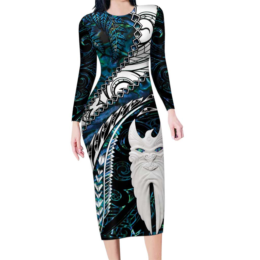 New Zealand Aotearoa Family Matching Long Sleeve Bodycon Dress and Hawaiian Shirt Maori Hei Rehua Paua Shell Glitter Green LT05 Mom's Dress Green - Polynesian Pride
