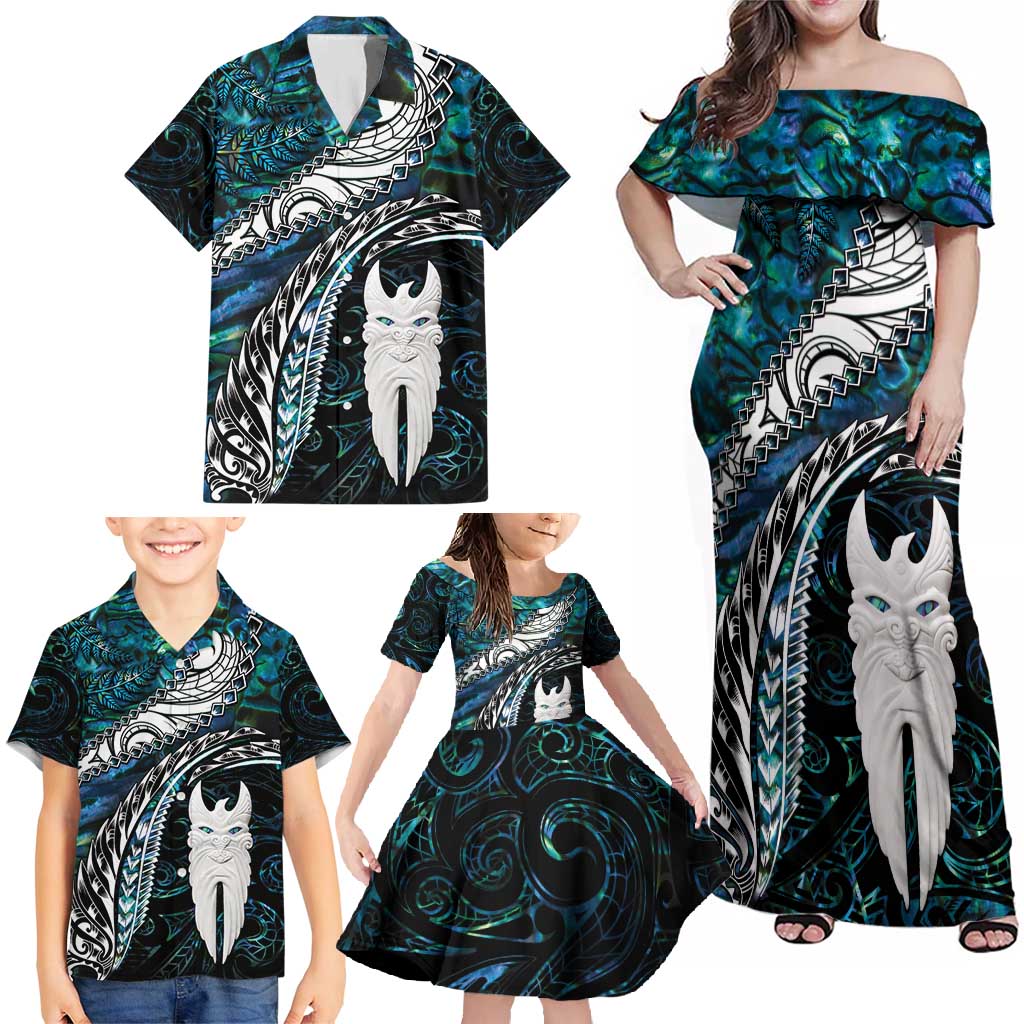 New Zealand Aotearoa Family Matching Off Shoulder Maxi Dress and Hawaiian Shirt Maori Hei Rehua Paua Shell Glitter Green LT05 - Polynesian Pride
