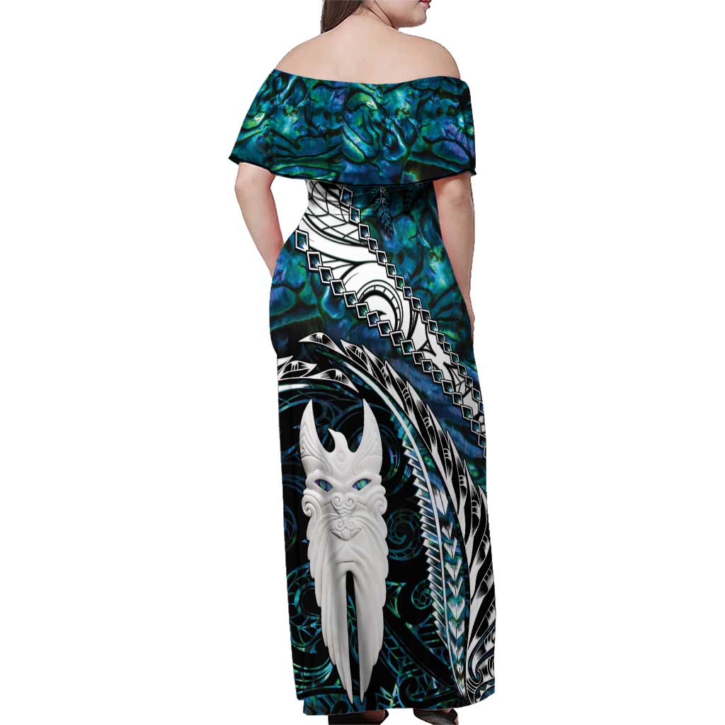 New Zealand Aotearoa Family Matching Off Shoulder Maxi Dress and Hawaiian Shirt Maori Hei Rehua Paua Shell Glitter Green LT05 - Polynesian Pride
