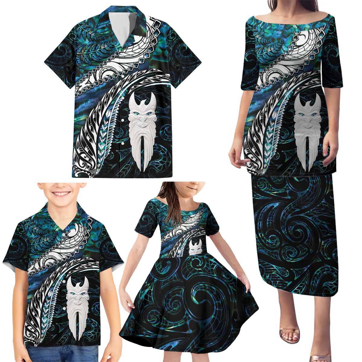 New Zealand Aotearoa Family Matching Puletasi and Hawaiian Shirt Maori Hei Rehua Paua Shell Glitter Green LT05 - Polynesian Pride
