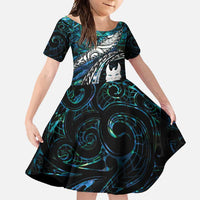 New Zealand Aotearoa Family Matching Short Sleeve Bodycon Dress and Hawaiian Shirt Maori Hei Rehua Paua Shell Glitter Green LT05 Daughter's Dress Green - Polynesian Pride