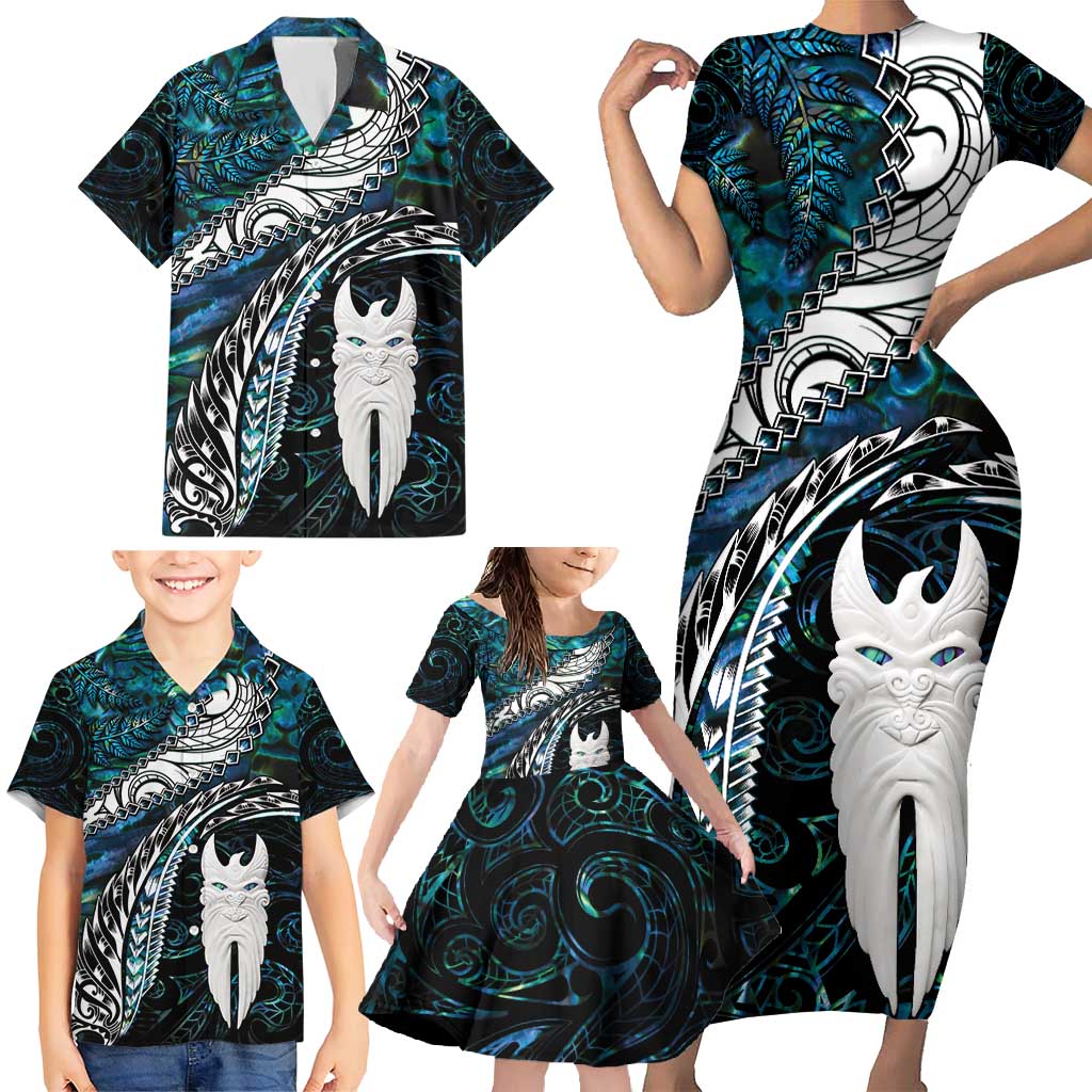 New Zealand Aotearoa Family Matching Short Sleeve Bodycon Dress and Hawaiian Shirt Maori Hei Rehua Paua Shell Glitter Green LT05 - Polynesian Pride