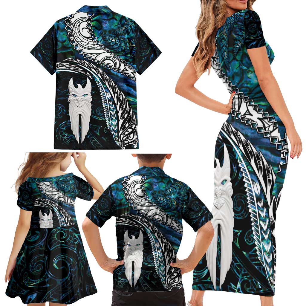 New Zealand Aotearoa Family Matching Short Sleeve Bodycon Dress and Hawaiian Shirt Maori Hei Rehua Paua Shell Glitter Green LT05 - Polynesian Pride