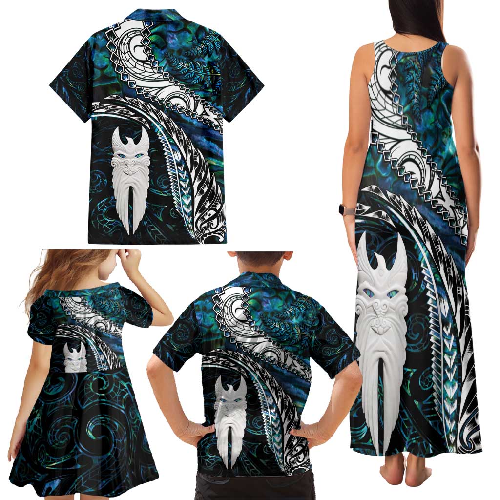 New Zealand Aotearoa Family Matching Tank Maxi Dress and Hawaiian Shirt Maori Hei Rehua Paua Shell Glitter Green
