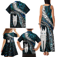 New Zealand Aotearoa Family Matching Tank Maxi Dress and Hawaiian Shirt Maori Hei Rehua Paua Shell Glitter Green