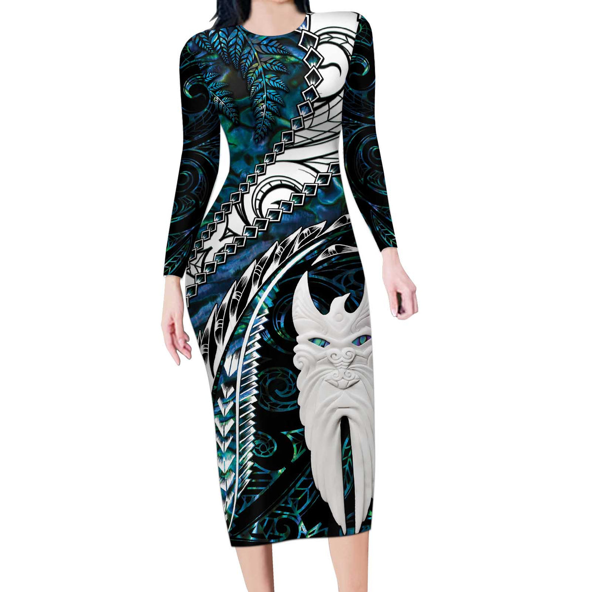 New Zealand Aotearoa Long Sleeve Bodycon Dress Maori Hei Rehua Paua Shell Glitter Green LT05 Long Dress Green - Polynesian Pride