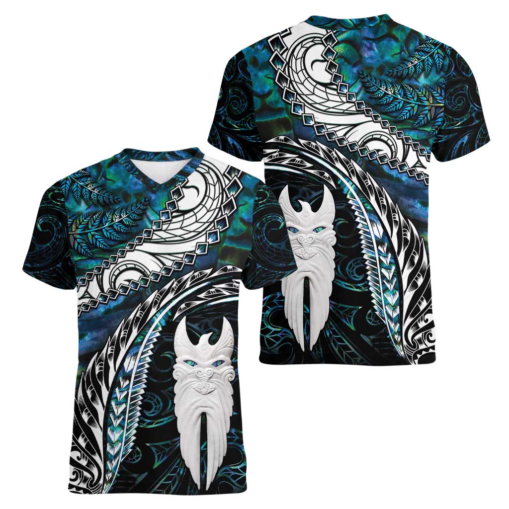 New Zealand Aotearoa Women V-Neck T-Shirt Maori Hei Rehua Paua Shell Glitter Green LT05 - Polynesian Pride