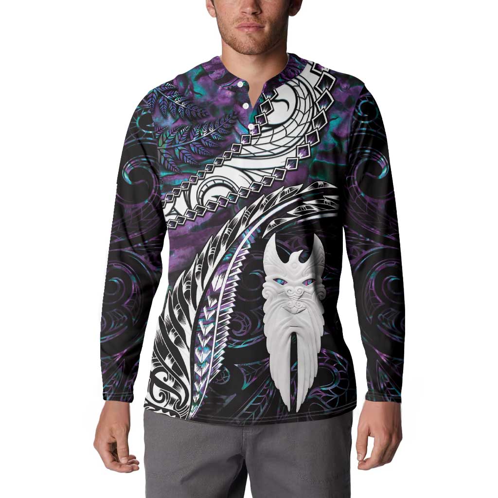 New Zealand Aotearoa Button Sweatshirt Maori Hei Rehua Paua Shell Glitter Purple LT05 - Polynesian Pride