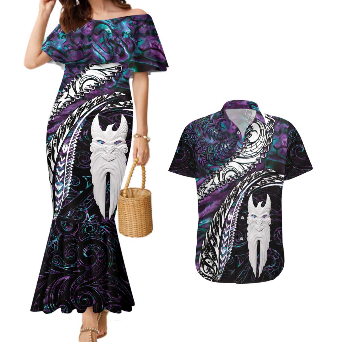 New Zealand Aotearoa Couples Matching Mermaid Dress and Hawaiian Shirt Maori Hei Rehua Paua Shell Glitter Purple LT05 Purple - Polynesian Pride