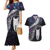 New Zealand Aotearoa Couples Matching Mermaid Dress and Hawaiian Shirt Maori Hei Rehua Paua Shell Glitter Purple LT05 Purple - Polynesian Pride