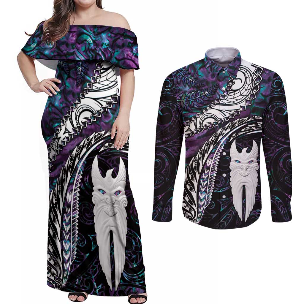 New Zealand Aotearoa Couples Matching Off Shoulder Maxi Dress and Long Sleeve Button Shirt Maori Hei Rehua Paua Shell Glitter Purple LT05 Purple - Polynesian Pride
