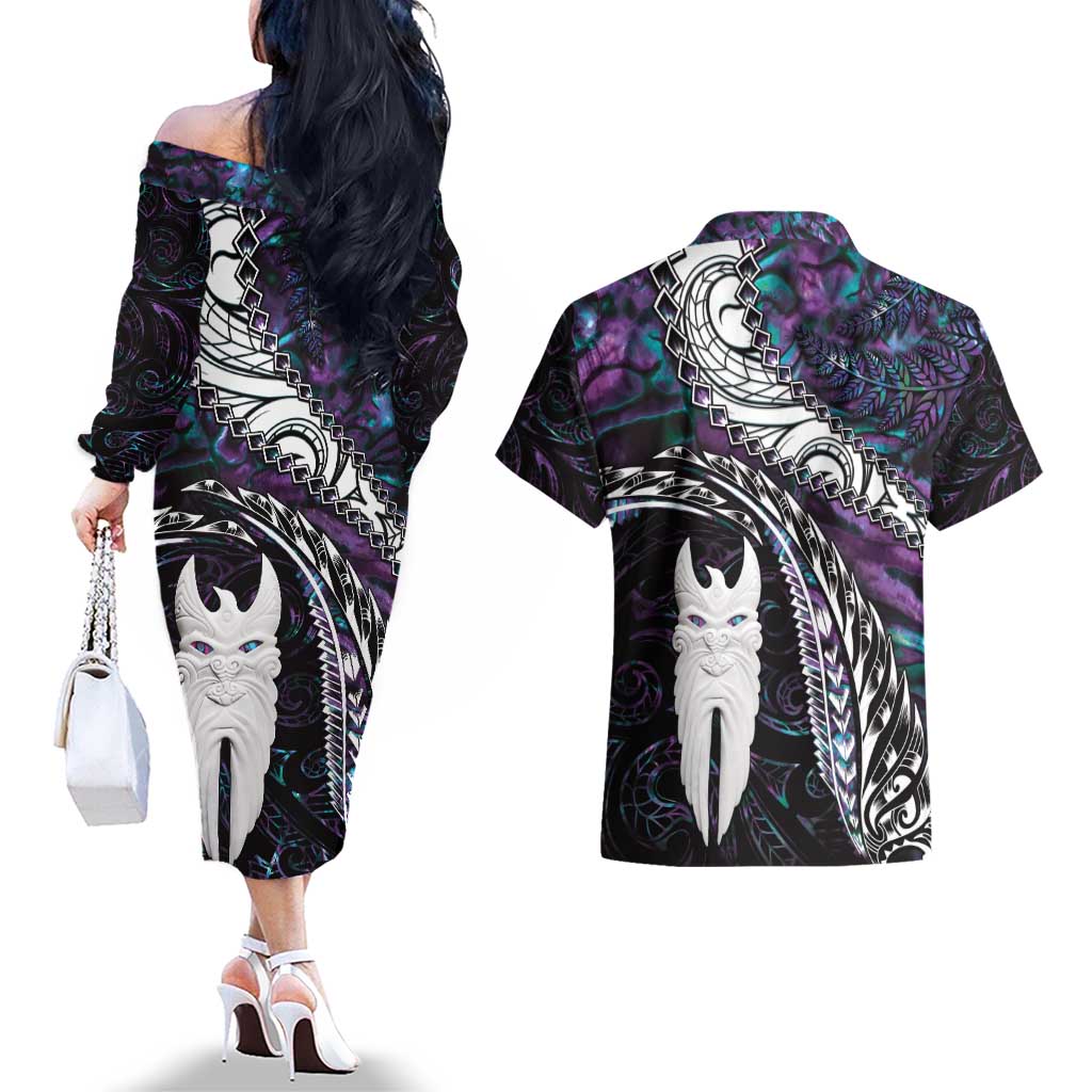 New Zealand Aotearoa Couples Matching Off The Shoulder Long Sleeve Dress and Hawaiian Shirt Maori Hei Rehua Paua Shell Glitter Purple