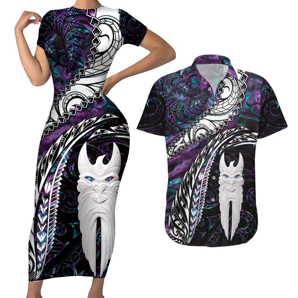 New Zealand Aotearoa Couples Matching Short Sleeve Bodycon Dress and Hawaiian Shirt Maori Hei Rehua Paua Shell Glitter Purple