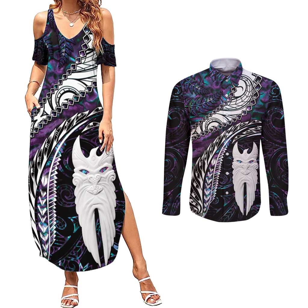 New Zealand Aotearoa Couples Matching Summer Maxi Dress and Long Sleeve Button Shirt Maori Hei Rehua Paua Shell Glitter Purple LT05 Purple - Polynesian Pride