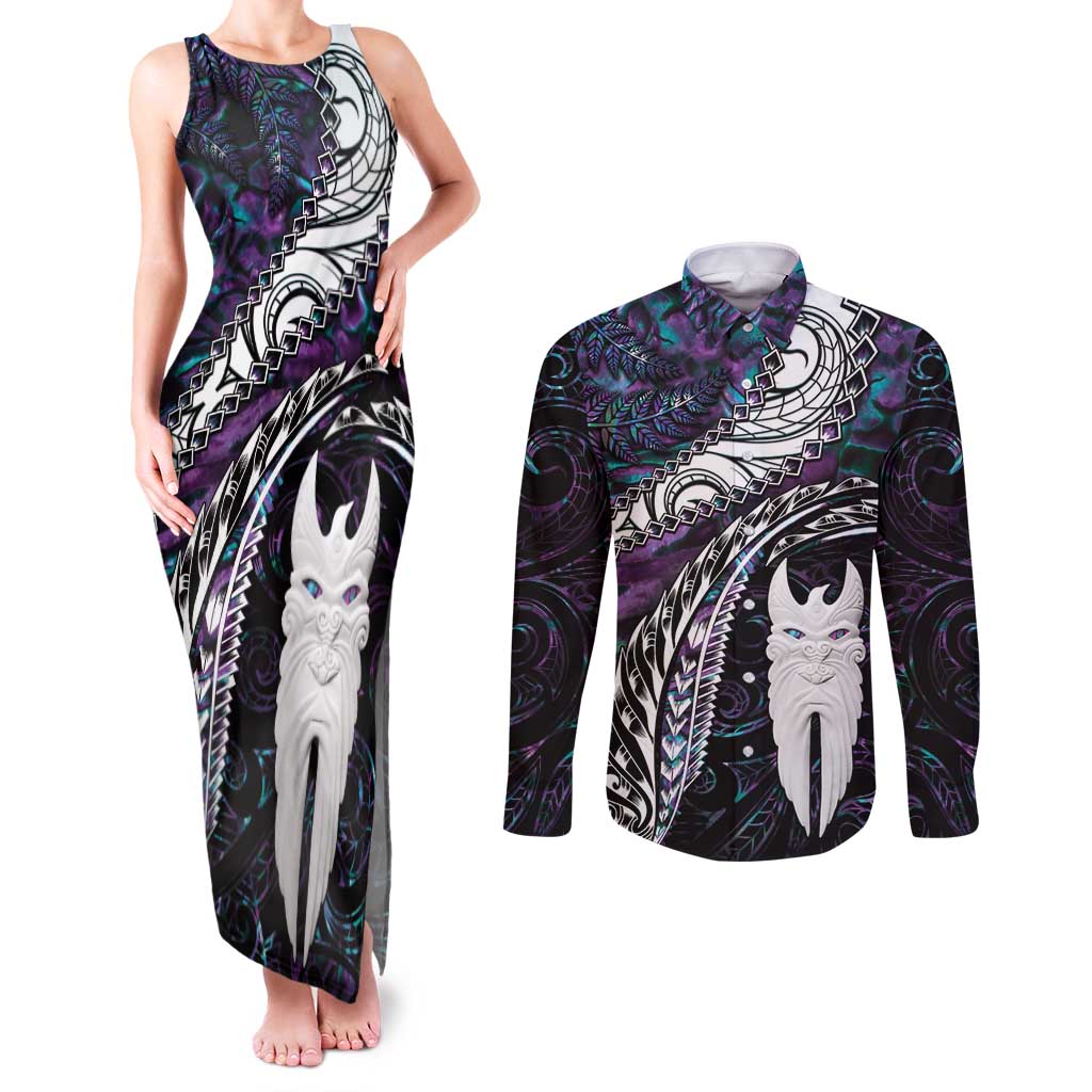 New Zealand Aotearoa Couples Matching Tank Maxi Dress and Long Sleeve Button Shirt Maori Hei Rehua Paua Shell Glitter Purple LT05 Purple - Polynesian Pride
