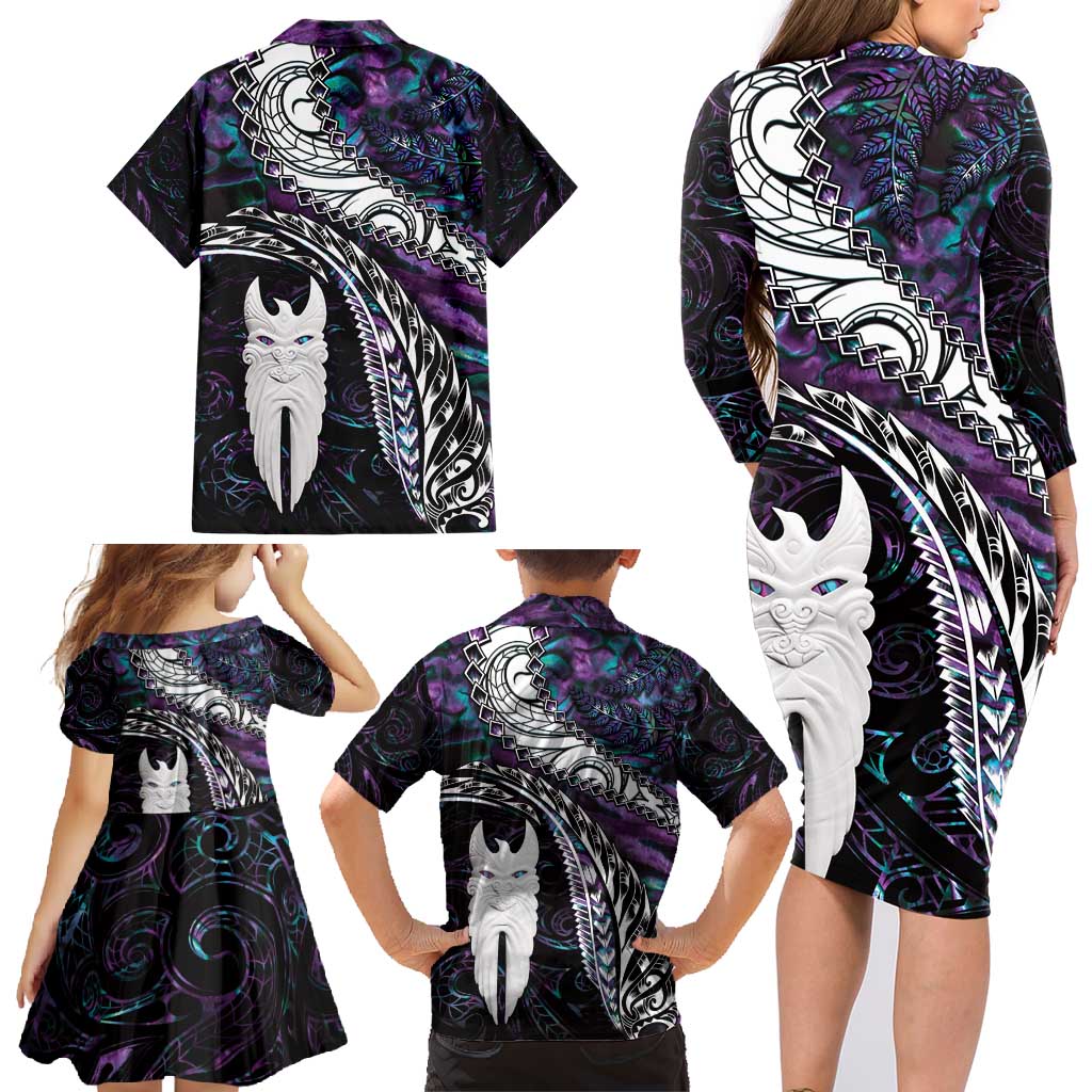 New Zealand Aotearoa Family Matching Long Sleeve Bodycon Dress and Hawaiian Shirt Maori Hei Rehua Paua Shell Glitter Purple LT05 - Polynesian Pride