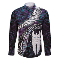New Zealand Aotearoa Family Matching Long Sleeve Bodycon Dress and Hawaiian Shirt Maori Hei Rehua Paua Shell Glitter Purple LT05 Dad's Shirt - Long Sleeve Purple - Polynesian Pride