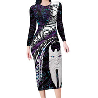 New Zealand Aotearoa Family Matching Long Sleeve Bodycon Dress and Hawaiian Shirt Maori Hei Rehua Paua Shell Glitter Purple LT05 Mom's Dress Purple - Polynesian Pride