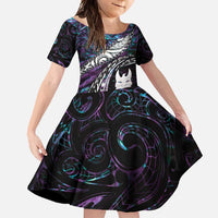 New Zealand Aotearoa Family Matching Off Shoulder Maxi Dress and Hawaiian Shirt Maori Hei Rehua Paua Shell Glitter Purple LT05 Daughter's Dress Purple - Polynesian Pride
