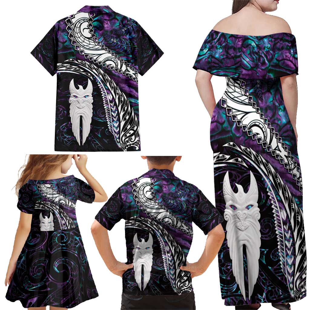New Zealand Aotearoa Family Matching Off Shoulder Maxi Dress and Hawaiian Shirt Maori Hei Rehua Paua Shell Glitter Purple LT05 - Polynesian Pride