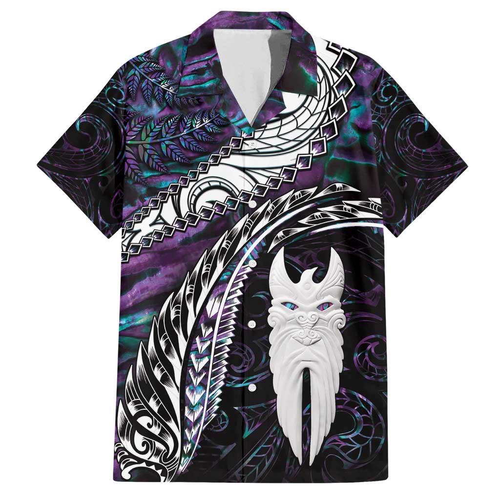 New Zealand Aotearoa Family Matching Off Shoulder Maxi Dress and Hawaiian Shirt Maori Hei Rehua Paua Shell Glitter Purple LT05 Dad's Shirt - Short Sleeve Purple - Polynesian Pride