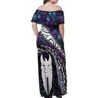 New Zealand Aotearoa Family Matching Off Shoulder Maxi Dress and Hawaiian Shirt Maori Hei Rehua Paua Shell Glitter Purple LT05 - Polynesian Pride