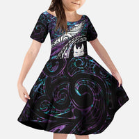 New Zealand Aotearoa Family Matching Puletasi and Hawaiian Shirt Maori Hei Rehua Paua Shell Glitter Purple LT05 Daughter's Dress Purple - Polynesian Pride