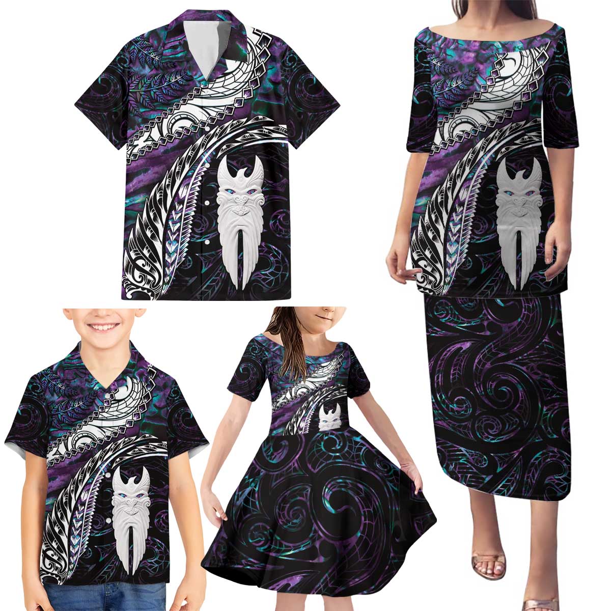 New Zealand Aotearoa Family Matching Puletasi and Hawaiian Shirt Maori Hei Rehua Paua Shell Glitter Purple LT05 - Polynesian Pride