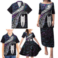 New Zealand Aotearoa Family Matching Puletasi and Hawaiian Shirt Maori Hei Rehua Paua Shell Glitter Purple LT05 - Polynesian Pride