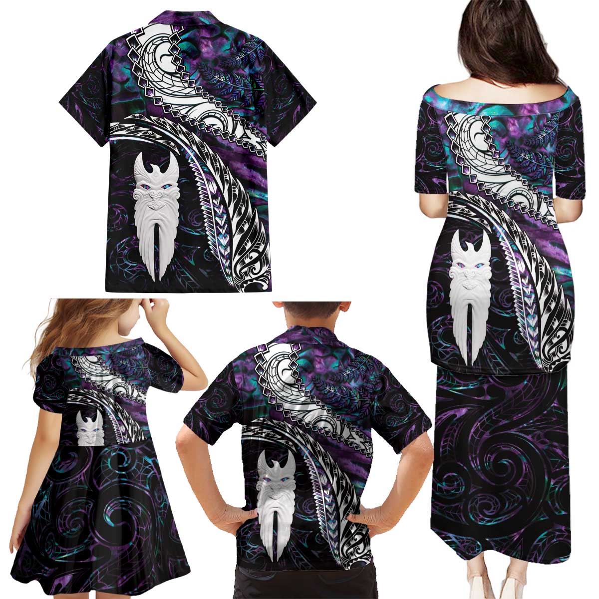 New Zealand Aotearoa Family Matching Puletasi and Hawaiian Shirt Maori Hei Rehua Paua Shell Glitter Purple LT05 - Polynesian Pride