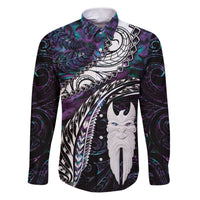 New Zealand Aotearoa Family Matching Puletasi and Hawaiian Shirt Maori Hei Rehua Paua Shell Glitter Purple LT05 Dad's Shirt - Long Sleeve Purple - Polynesian Pride