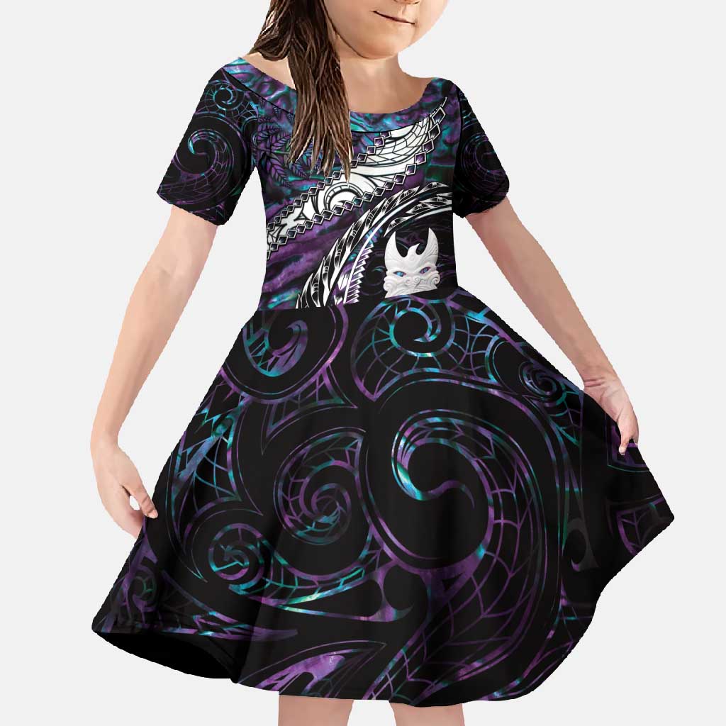 New Zealand Aotearoa Family Matching Short Sleeve Bodycon Dress and Hawaiian Shirt Maori Hei Rehua Paua Shell Glitter Purple LT05 Daughter's Dress Purple - Polynesian Pride