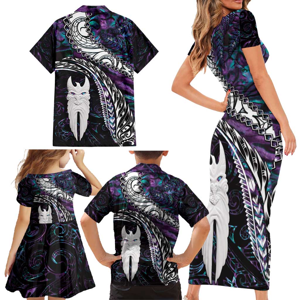 New Zealand Aotearoa Family Matching Short Sleeve Bodycon Dress and Hawaiian Shirt Maori Hei Rehua Paua Shell Glitter Purple LT05 - Polynesian Pride
