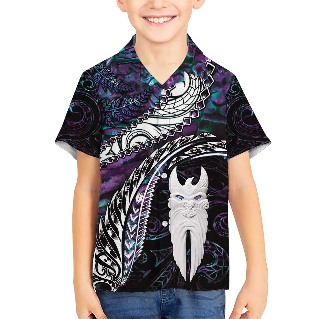 New Zealand Aotearoa Family Matching Short Sleeve Bodycon Dress and Hawaiian Shirt Maori Hei Rehua Paua Shell Glitter Purple LT05 Son's Shirt Purple - Polynesian Pride