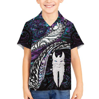 New Zealand Aotearoa Family Matching Short Sleeve Bodycon Dress and Hawaiian Shirt Maori Hei Rehua Paua Shell Glitter Purple LT05 Son's Shirt Purple - Polynesian Pride