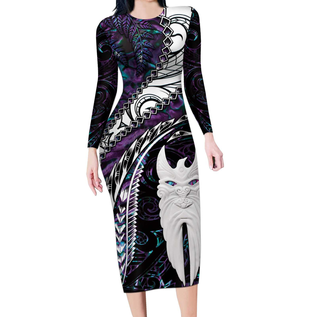 New Zealand Aotearoa Long Sleeve Bodycon Dress Maori Hei Rehua Paua Shell Glitter Purple LT05 Long Dress Purple - Polynesian Pride