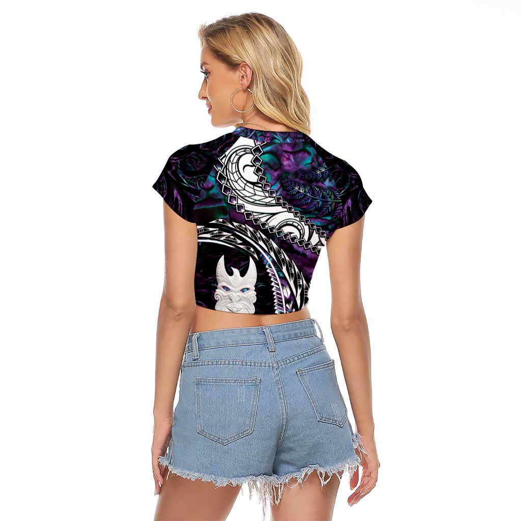 New Zealand Aotearoa Raglan Cropped T Shirt Maori Hei Rehua Paua Shell Glitter Purple LT05 - Polynesian Pride