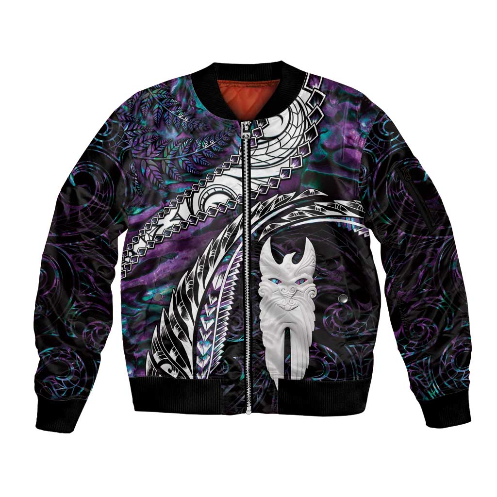 New Zealand Aotearoa Sleeve Zip Bomber Jacket Maori Hei Rehua Paua Shell Glitter Purple