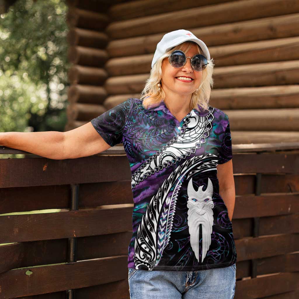 New Zealand Aotearoa Women Polo Shirt Maori Hei Rehua Paua Shell Glitter Purple