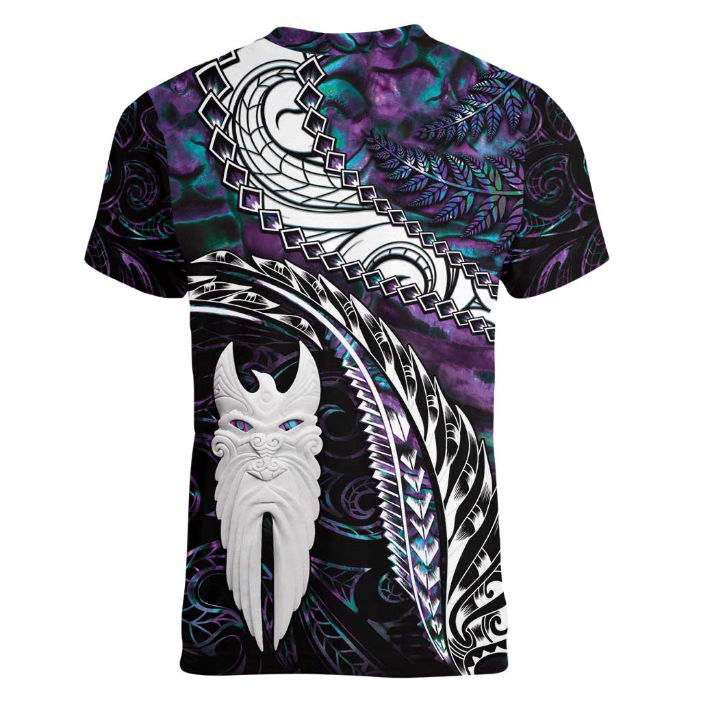 New Zealand Aotearoa Women V-Neck T-Shirt Maori Hei Rehua Paua Shell Glitter Purple LT05 - Polynesian Pride